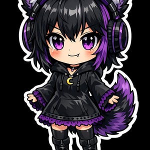 May include: A chibi-style character sticker featuring a figure with black and purple hair, cat ears, and headphones. The character wears a black hoodie with a gold crescent moon pendant, purple-trimmed fingerless gloves, and a purple ruffled skirt.