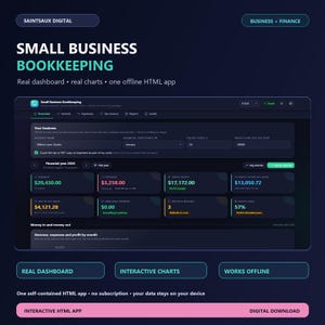 May include: A digital small business bookkeeping dashboard application featuring a dark interface with teal and white text. The screen displays financial metrics including revenue, expenses, gross profit, and tax set-aside data for the 2026 financial year.