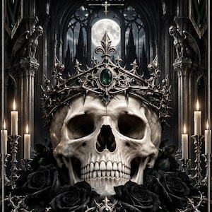 Könnte beinhalten: Ein digitales Planer-Cover mit dem Titel MEMENTO MORI 2026-2027 von SAINTSAUX DIGITAL. Es zeigt einen zentralen menschlichen Schädel mit einer verzierten Metallkrone und grünen Edelsteinen, umgeben von schwarzen Rosen und brennenden Kerzen.