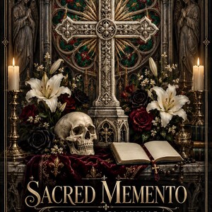 May include: A digital planner cover titled SACRED MEMENTO PRAYER & PLANNING 2026-2027 INTERACTIVE HTML PLANNER. The image features a stone cross, a human skull, white lilies, red and black roses, two lit candles, and an open book on a velvet cloth.
