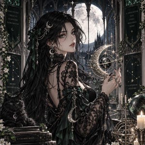 Puede incluir: Una agenda digital titulada Lunar Oath 2026-2027 con estética oscura, una persona con encaje negro, un gato negro y motivos celestiales. La portada muestra textos como Discipline Creates A Softer Tomorrow y A Brighter You.