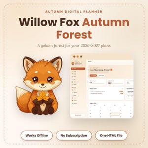 Puede incluir: Un planificador digital de otoño titulado Willow Fox Autumn Forest para planes 2026-2027. Muestra un zorro de dibujos animados con una hoja de arce y una interfaz digital con calendario, tareas y barras de progreso. Incluye botones para Works Offline, No Subscription y One HTML File.