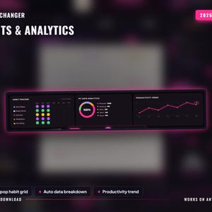 May include: A digital dashboard interface titled GAME CHANGER HABITS & ANALYTICS 2026-2027. It features a dark theme with neon pink accents, including a habit tracker grid, a circular data analytics chart showing 50%, and a productivity trend line graph.