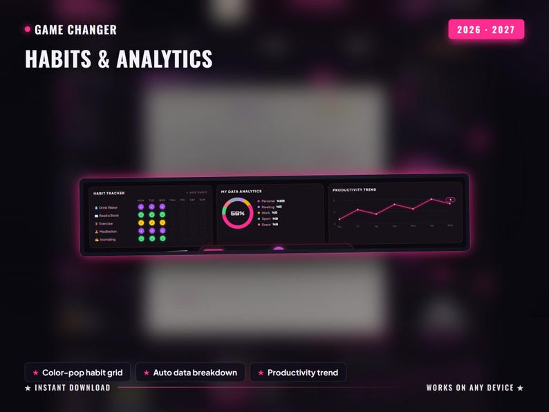 May include: A digital dashboard interface titled GAME CHANGER HABITS & ANALYTICS 2026-2027. It features a dark theme with neon pink accents, including a habit tracker grid, a circular data analytics chart showing 50%, and a productivity trend line graph.