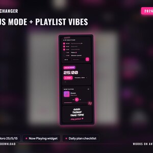 May include: A digital planner interface displayed on a screen with a dark theme and neon pink accents. It features a daily plan checklist, a 25:00 Pomodoro focus timer, and a music player widget showing "Flowers" by Miley Cyrus with text "GOOD THINGS TAKE TIME".