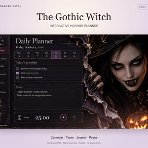 Peut inclure: Le planificateur d'horreur interactif The Gothic Witch pour 2026 et 2027 présente une interface de planning quotidien avec calendrier, liste de tâches et minuteur. Le design inclut le portrait d'une figure aux cheveux noirs avec des crocs.