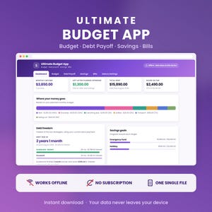 May include: A digital interface for the Ultimate Budget App displaying financial metrics including monthly income, debt, and savings goals. The dashboard features a purple gradient background with text labels for budget, debt payoff, savings, and bills.