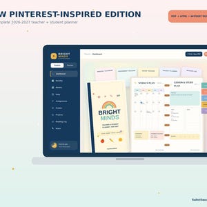 Pode incluir: Uma interface de planejador digital exibida em uma tela de laptop intitulada New Pinterest-Inspired Edition. O painel apresenta uma barra lateral azul-escura com ícones de navegação e uma visualização central do planejador Bright Minds 2026-2027.