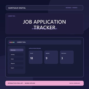 May include: A dark purple digital job application tracker interface featuring the text Saintsaux Digital, Business + Finance, Career Tool, Job Application Tracker, and Interview Pipeline Follow-ups. The dashboard displays an application pipeline with 18 saved, 9 applied, and 3 interviews, plus a sidebar with overview, activity, goals, reports, and export options.