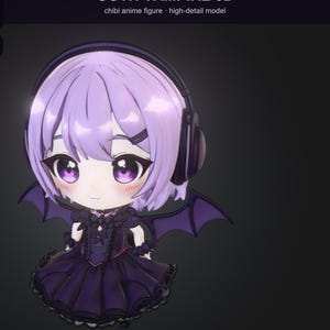 May include: A 3D chibi anime figure titled GOTH VAMPIRE 3D, featuring a character with short light purple hair, large purple eyes, and black headphones. The figure wears a dark purple dress with bat wings and has a small, simple mouth expression.