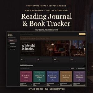 May include: A digital reading journal and book tracker interface with a dark color scheme. The screen displays the text "Reading Journal & Book Tracker" and "A life told in books." It features a sidebar, book collection cards, and statistics.