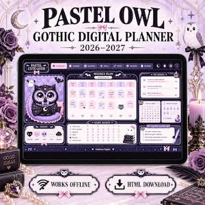 May include: A digital tablet displaying a Pastel Owl Gothic Digital Planner for 2026-2027. The screen shows a weekly plan, habit trackers, and goal lists with purple and black themes, featuring owl and ghost illustrations and text labels.