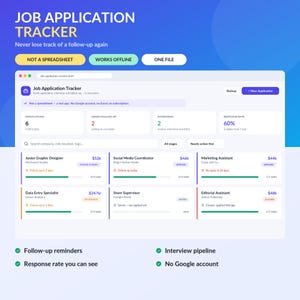 May include: A digital job application tracker interface displayed on a screen. The dashboard features sections for applications, follow-ups, interviews, and response rates. It includes a list of job titles, salaries, and status indicators.