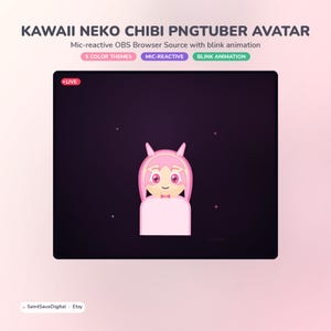 May include: A digital avatar featuring a pink-haired character with cat ears, large eyes, and a small bow tie, displayed on a dark screen with a live indicator. The text reads KAWAI NEKO CHIBI PNGTUBER AVATAR, Mic-reactive OBS Browser Source with blink animation.