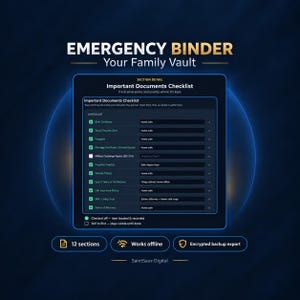 May include: An Emergency Binder digital template titled Your Family Vault featuring an Important Documents Checklist. The interface displays a list of items with checkboxes, status indicators, and location fields. Includes 12 sections, works offline, and encrypted backup export.