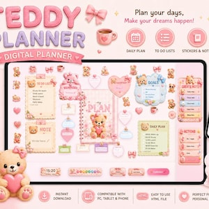 May include: A digital Teddy Planner set featuring a tablet and smartphone displaying pink-themed interface layouts with teddy bear graphics, heart icons, and text including Daily Plan, To Do Lists, Stickers & Notes, and Cute & Fun labels.