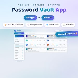 May include: A digital interface for a Password Vault App featuring AES-256 encryption, a password generator, health audit, and auto-lock functions. The screen displays a list of accounts with icons, names, and email addresses, alongside a sidebar menu.