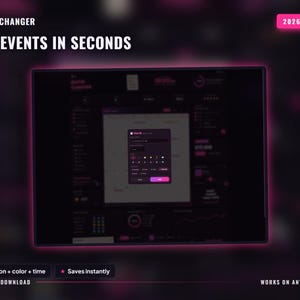 May include: A digital planner interface with a dark theme and pink accents. Text includes GAME CHANGER, 2026-2027, ADD EVENTS IN SECONDS, Pick icon + color + time, Saves instantly, INSTANT DOWNLOAD, and WORKS ON ANY DEVICE. A central pop-up window displays event scheduling options.