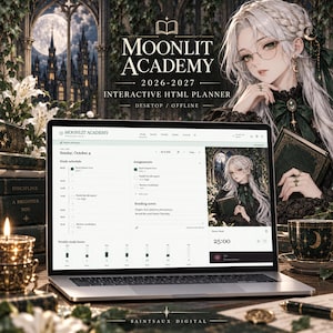 May include: A laptop displaying the Moonlit Academy 2026-2027 interactive HTML planner interface. The screen shows a study schedule, assignment list, and a reading notes section. The background features an illustration of a character with long white hair, glasses, and dark clothing, surrounded by books, a candle, and a teacup.