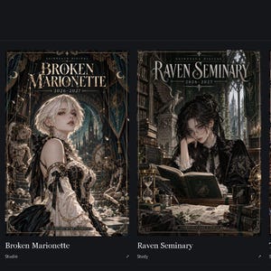 Op de afbeelding: Een digitale kunstcollectie getiteld Haunted Academia Quartet met vier afzonderlijke illustraties: Ribbon Revenant, Broken Marionette, Raven Seminary en Thorn Archive. Elk paneel toont een personage in een donkere, sierlijke omgeving met ingewikkelde details, gotisch geïnspireerde kleding en sfeervolle verlichting, wat een samenhangende esthetiek laat zien over alle vier de karakterportretten.