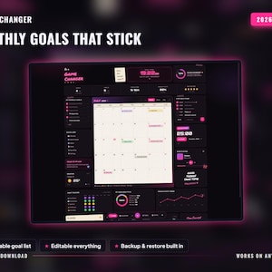 May include: A digital planner interface titled GAME CHANGER MONTHLY GOALS THAT STICK 2026-2027. The dark-themed dashboard features a central calendar, goal tracking lists, a timer, progress charts, and weather icons in neon pink and white text.