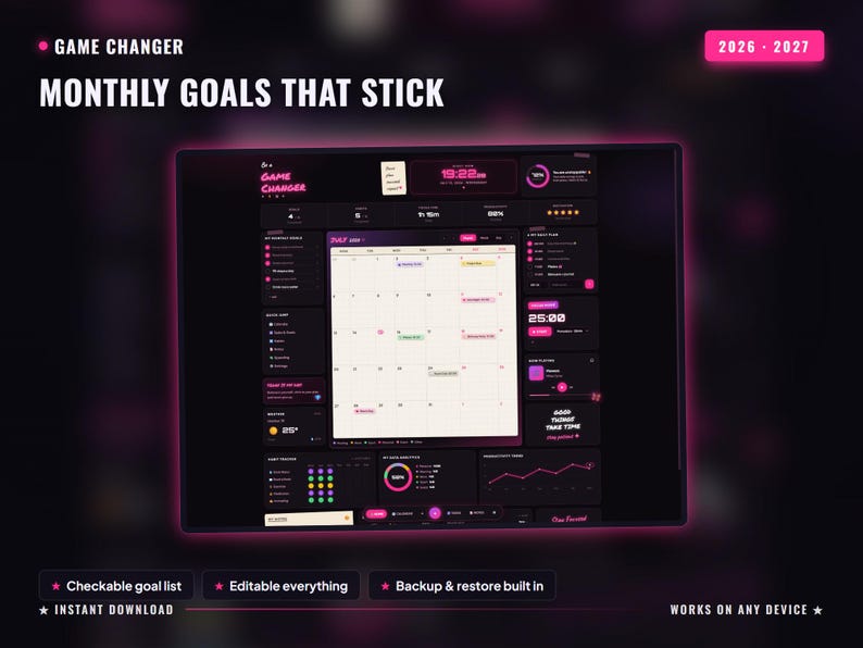 May include: A digital planner interface titled GAME CHANGER MONTHLY GOALS THAT STICK 2026-2027. The dark-themed dashboard features a central calendar, goal tracking lists, a timer, progress charts, and weather icons in neon pink and white text.