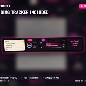 May include: A digital planner interface labeled GAME CHANGER and SPENDING TRACKER INCLUDED for 2026-2027. The dashboard features a notes section, a circular spending chart, category expenses, goal progress bars, and the text Stay Focused and Never Give Up.