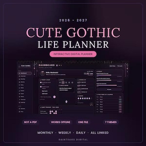 Gothic Interactive HTML Planner 2026-2027, Monthly Weekly Daily Views (Works Offline)