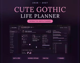 May include: A digital life planner for 2026-2027 titled Cute Gothic Life Planner. The interface features a dark purple dashboard with pink text, including sections for daily plans, habit trackers, goals, and a weekly overview. It is an interactive digital planner that works offline, contains one file, and offers seven themes.