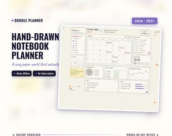 May include: A digital hand-drawn notebook planner for 2026-2027 featuring a monthly calendar, daily plan, habit tracker, data analytics, and goal progress bars. The interface includes text labels like Doodle Planner, Works Offline, and No Subscription.