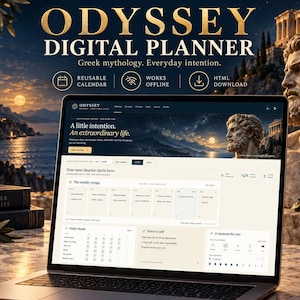 May include: A laptop displaying the Odyssey Digital Planner interface, featuring a weekly voyage schedule, daily rituals, and notes to self. The screen shows text including A little intention. An extraordinary life. and Your next chapter starts here.