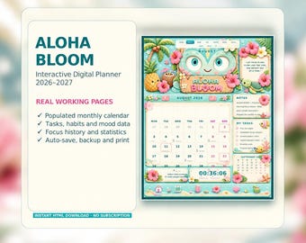 May include: The Aloha Bloom 2026-2027 interactive digital planner features a monthly calendar for August 2026, task lists, and notes. The interface is decorated with tropical elements like pineapples, hibiscus flowers, and a sea turtle.