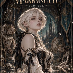 May include: A digital planner cover titled BROKEN MARIONETTE 2026-2027 by SAINTSAUX DIGITAL. It features a short-haired blonde figure in a black and cream lace outfit, surrounded by marionette dolls, a clock, and a dark castle backdrop.