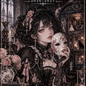 Peut inclure: Une couverture de planificateur numérique intitulée Porcelain Hex 2026-2027 Interactive HTML Planner illustrant une personne aux cheveux sombres vêtue de dentelle noire tenant un masque blanc fissuré orné de motifs floraux roses.