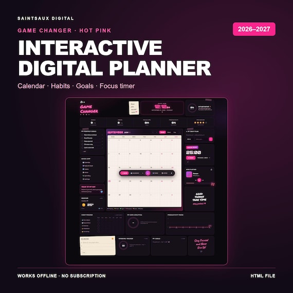 Interactive Digital Planner 2026-2027, Hot Pink Habit Tracker (HTML File)