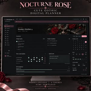 Peut inclure: Un écran d'ordinateur affichant l'interface du planificateur numérique Nocturne Rose Cute Gothic. L'écran présente un thème sombre avec un calendrier, un suivi des habitudes, des objectifs et un emploi du temps. Le texte indique Nocturne Rose et Saintsaux Digital.