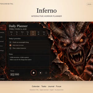 Op de afbeelding: Een interactieve digitale dagplanner genaamd Inferno, met een donkere interface met een grafische afbeelding van een demonisch wezen, een kalender voor oktober 2026, een takenlijst en een focus-timer. De lay-out bevat labels voor Today, Calendar, Tasks, Journal en Settings.