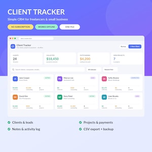 May include: A digital client tracker dashboard interface for freelancers and small businesses. The screen displays metrics for 24 clients, $18,450 collected, $4,200 outstanding, and 7 open projects. Features include client cards, search, and status tags.