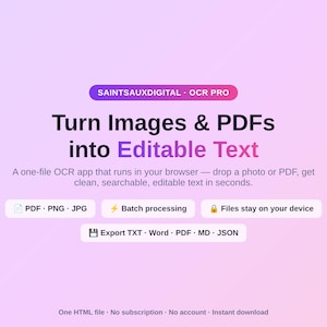 Könnte beinhalten: Eine digitale Produktoberfläche mit dem Titel SAINTSAUXDIGITAL OCR PRO und dem Text Turn Images & PDFs into Editable Text. Sie listet Funktionen wie PDF, PNG, JPG, Stapelverarbeitung, lokale Dateisicherheit und Exportoptionen wie TXT, Word, PDF, MD und JSON auf.