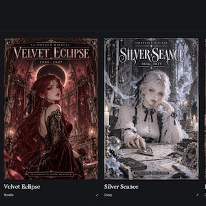 以下が含まれることがあります： Moonlit Quartetと題されたデジタルコレクションで、Lunar Oath、Velvet Eclipse、Silver Seance、Porcelain Hexの4つの異なるイラストが特徴です。各画像には、詳細な設定とテキストヘッダー、2026年から2027年の日付が表示されたキャラクターが描かれています。