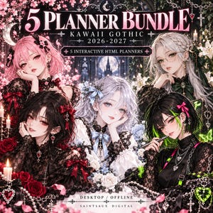 以下が含まれることがあります： 5 PLANNER BUNDLE KAWAII GOTHIC 2026-2027と題された5つのインタラクティブなHTMLプランナーを含むデジタル製品バンドル。画像には、ピンクの桜、赤いバラ、キャンドルに囲まれた、暗い衣装を着た5人のイラストキャラクターが描かれています。