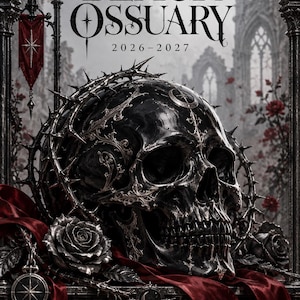 May include: A digital planner cover titled Saintsaux Digital Black Ossuary 2026-2027 Interactive HTML Planner. It features a glossy black skull adorned with a silver crown of thorns, surrounded by dark red roses and a red fabric ribbon.