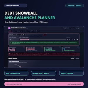 May include: A digital debt snowball and avalanche planner dashboard displayed on a dark interface. The screen shows financial data, interactive sliders, and charts for tracking debt repayment, interest saved, and months saved in a web application.