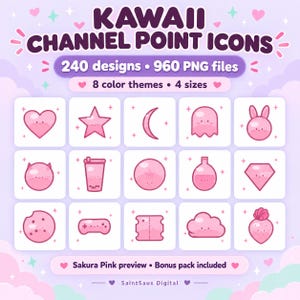 Kawaii Twitch Channel Points Icons, 240 Designs, 960 PNGs, 8 Color Themes