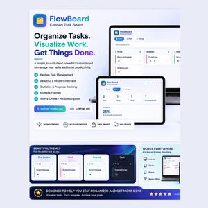May include: FlowBoard Kanban Task Board software interface displayed on a laptop and tablet screen. The graphic features text including Organize Tasks, Visualize Work, Get Things Done, and lists features like Kanban Task Management, Statistics, and Progress Tracking.