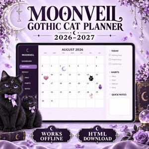 May include: A digital planner titled MOONVEIL GOTHIC CAT PLANNER 2026-2027 displayed on a screen. The interface shows an August 2026 calendar, habit tracker, and notes section. Two black cats with purple bows sit beside the screen on a purple surface.