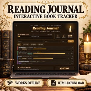 Op de afbeelding: Een laptop met een digitaal leesdagboek en interactieve boeken-tracker interface in donkerbruine tinten met gouden accenten en voortgangsbalken. Het scherm toont tekst zoals Reading Journal en boektitels zoals The Starless Sea en The Secret History.