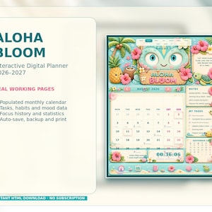 May include: The Aloha Bloom 2026-2027 interactive digital planner features a monthly calendar for August 2026, task lists, and notes. The interface is decorated with tropical illustrations including palm trees, pineapples, flowers, and a sea turtle.
