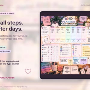 May include: An interactive digital ADHD planner with a pastel color palette. The interface features a weekly schedule, habit tracker, mood tracker, and daily priorities. Text includes 'Small steps. Softer days.' and 'ADHD PLANNER' with illustrations of cats, books, and a coffee mug.