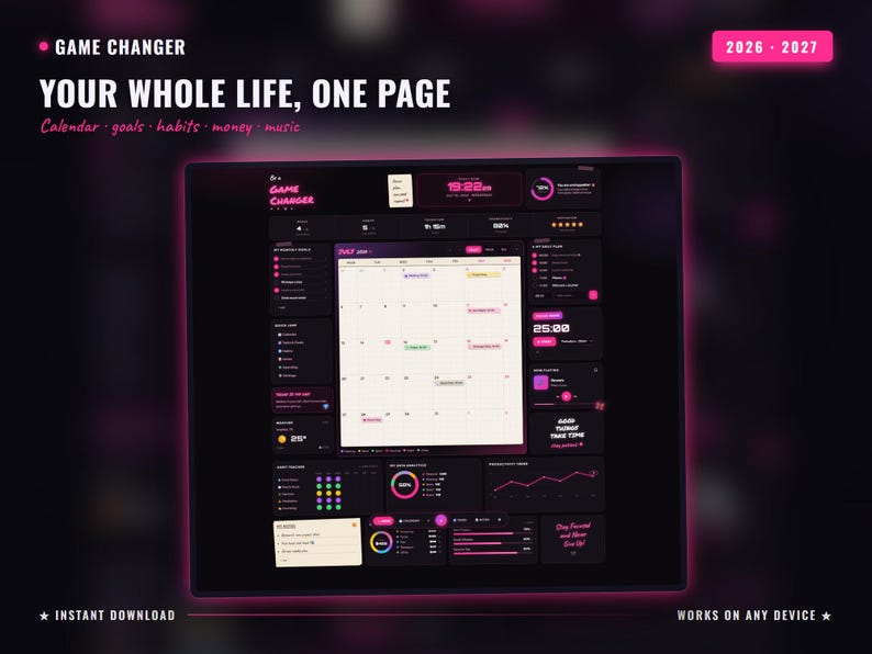 May include: A digital dashboard planner interface titled GAME CHANGER, YOUR WHOLE LIFE, ONE PAGE, 2026-2027. The dark-themed layout features a central calendar, goal trackers, habit logs, financial charts, and music widgets with neon pink accents.